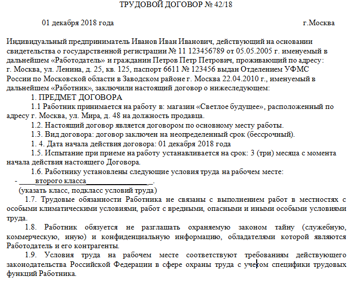 Трудовой договор образец 2024 года