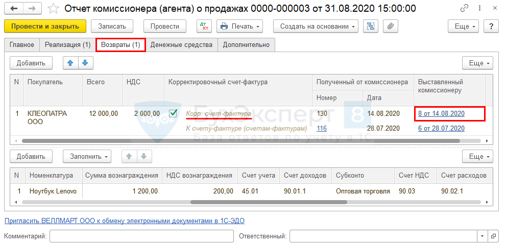 Возврат товара комитенту от комиссионера