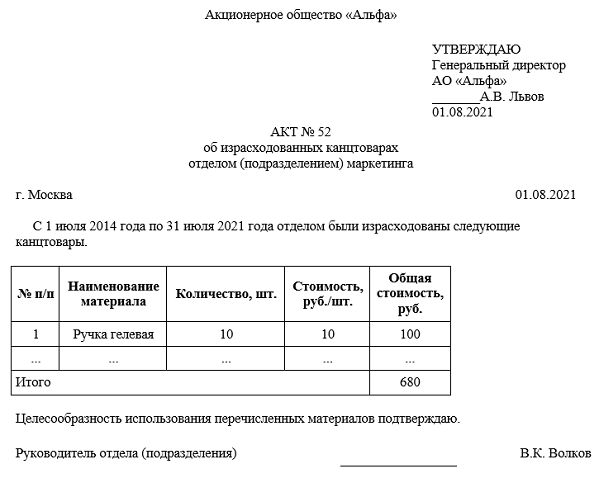 Акт списания материалов для документа внутреннее потребление товаров, списание на расходы. ка2