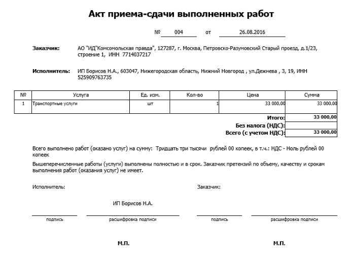 Акт сдачи-приёмки выполненных работ